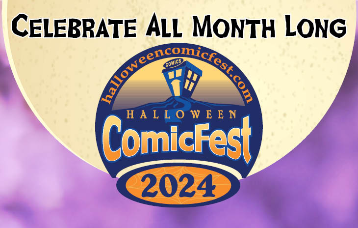 Halloween ComicFest logo with full moon background